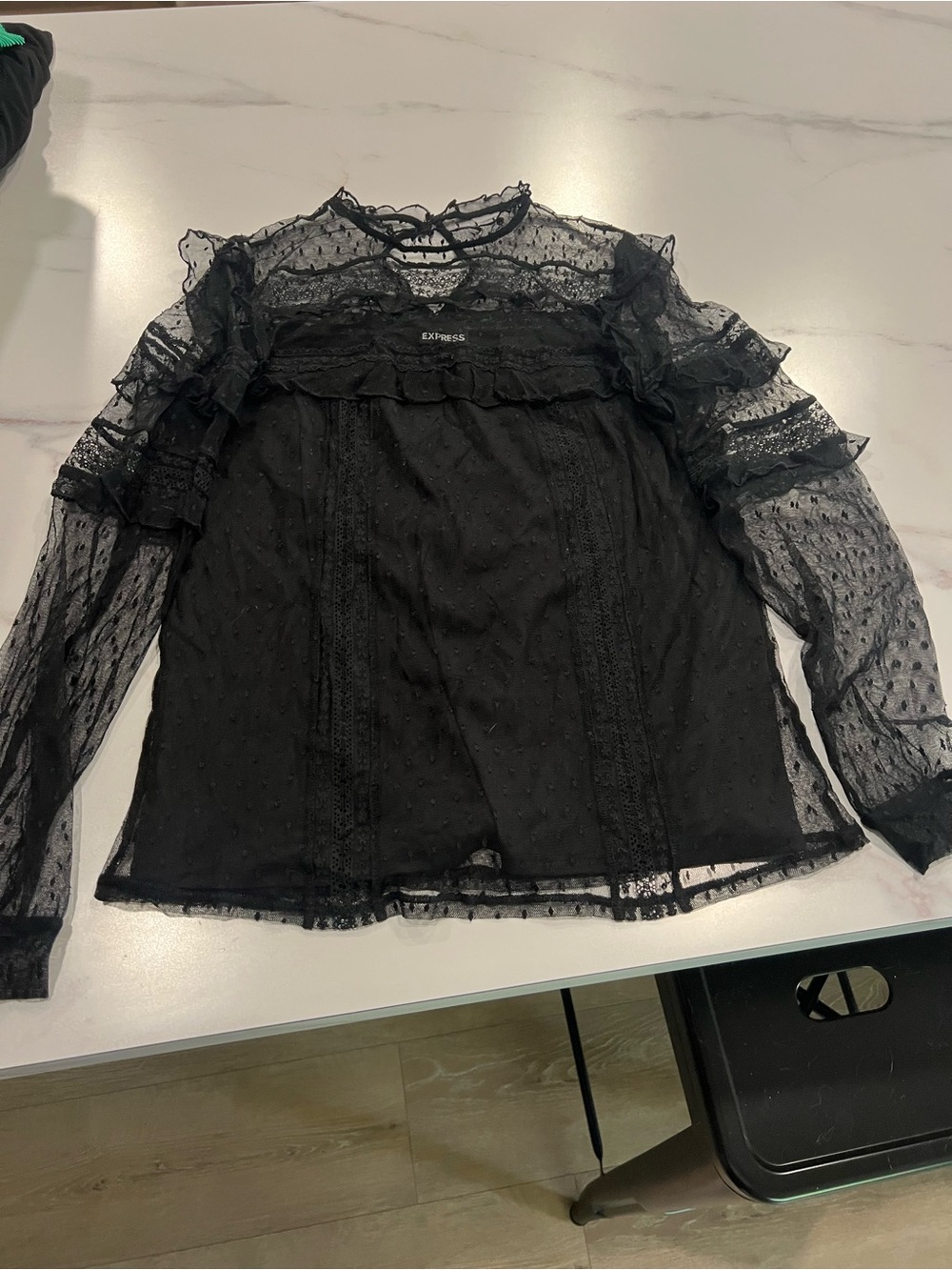 Express Black Sheer Ruffle Lace Long-Sleeve Blouse
